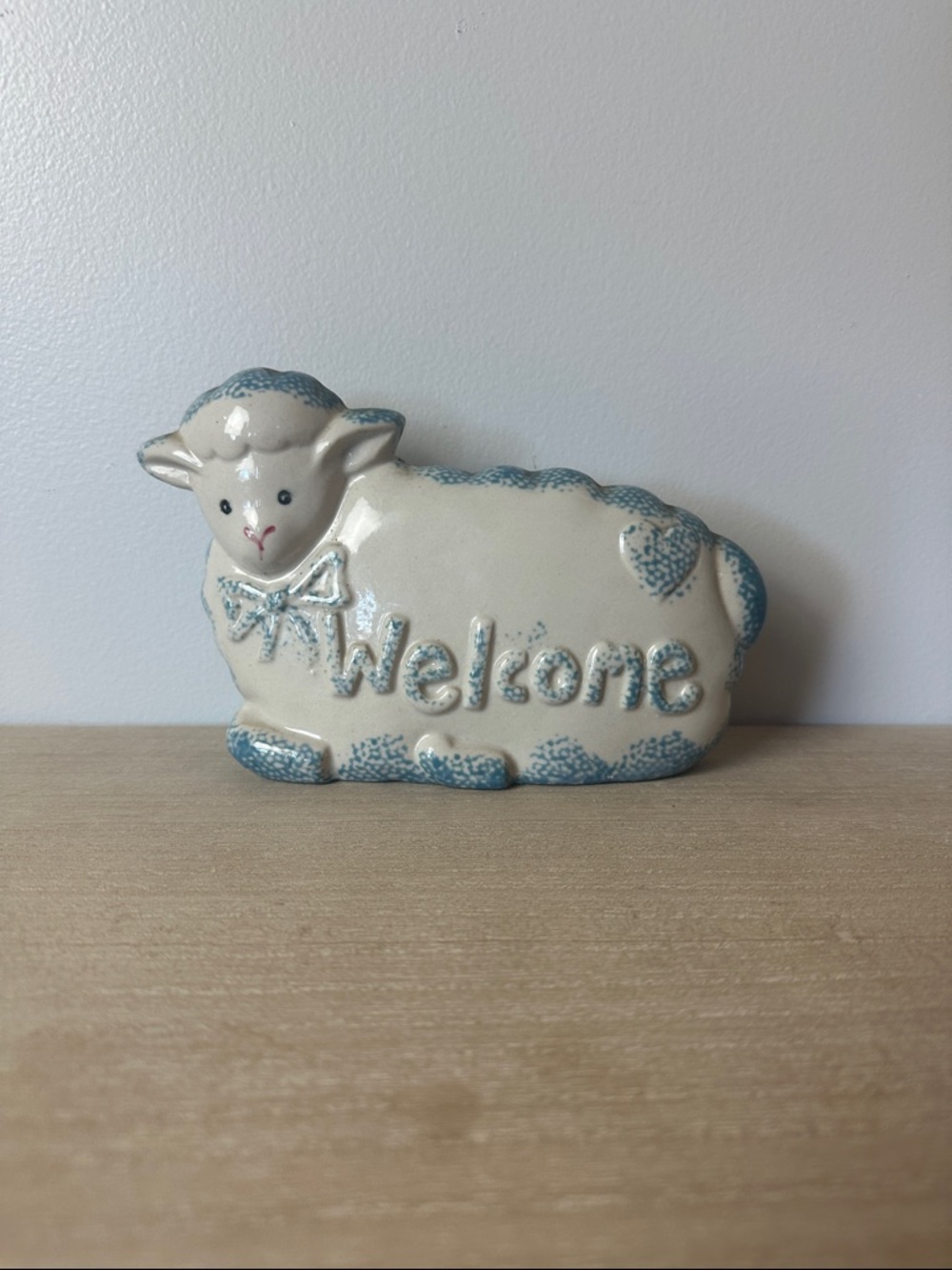 Ceramic Sheep "Welcome" Figurine in Cream and Light Blue